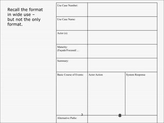 3
Use Case Number:
Use Case Name:
Actor (s):
Maturity:
(Façade/Focused/…
Summary:
Basic Course of Events: Actor Action System Response
Alternative Paths:
Recall the format
in wide use –
but not the only
format.
8
 