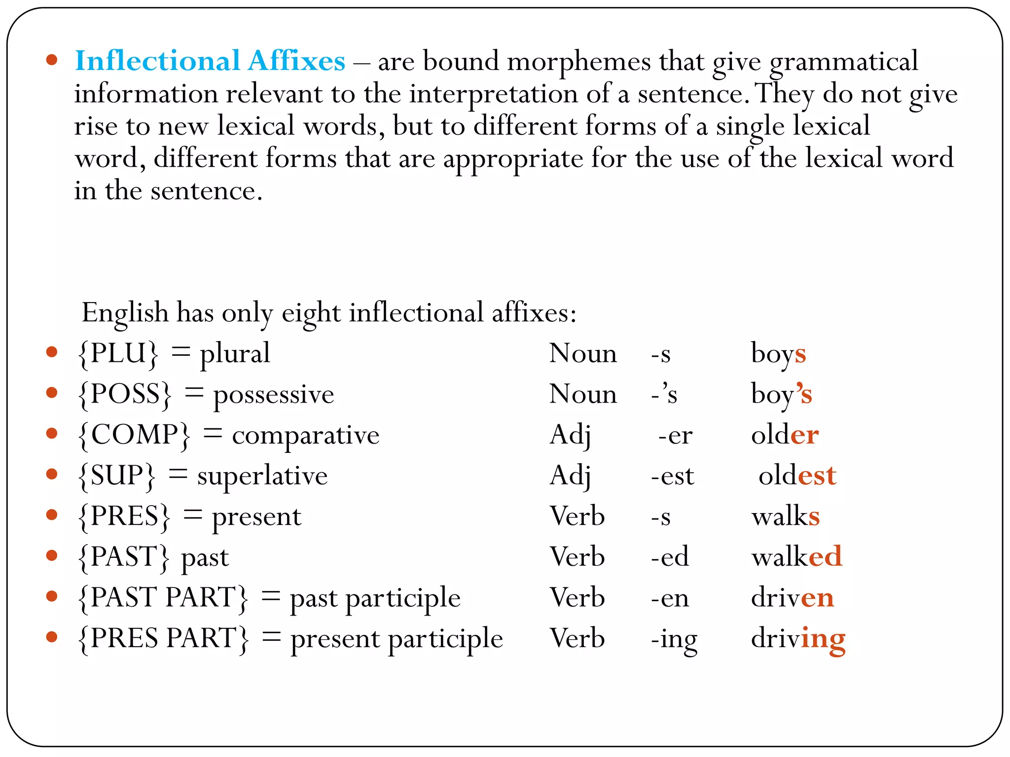  Inflectional Affixes – are bound morphemes that give grammatical
information relevant to the interpretation of a sentence.They do not give
rise to new lexical words, but to different forms of a single lexical
word, different forms that are appropriate for the use of the lexical word
in the sentence.
English has only eight inflectional affixes:
 {PLU} = plural Noun -s boys
 {POSS} = possessive Noun -‘s boy’s
 {COMP} = comparative Adj -er older
 {SUP} = superlative Adj -est oldest
 {PRES} = present Verb -s walks
 {PAST} past Verb -ed walked
 {PAST PART} = past participle Verb -en driven
 {PRES PART} = present participle Verb -ing driving
 