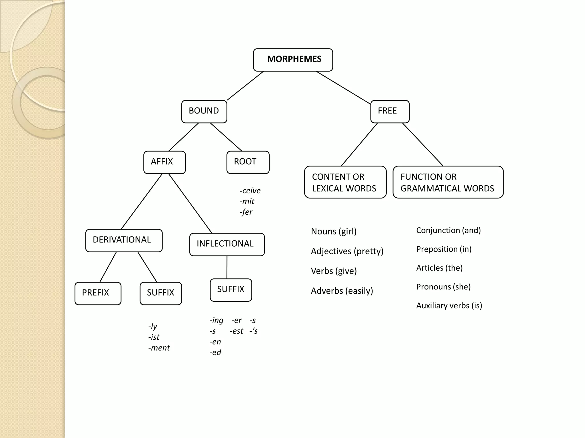 MORPHEMES
BOUND FREE
FUNCTION OR
GRAMMATICAL WORDS
CONTENT OR
LEXICAL WORDS
ROOTAFFIX
DERIVATIONAL INFLECTIONAL
PREFIX SUFFIX SUFFIX
Conjunction (and)
Preposition (in)
Articles (the)
Pronouns (she)
Auxiliary verbs (is)
Nouns (girl)
Adjectives (pretty)
Verbs (give)
Adverbs (easily)
-ceive
-mit
-fer
pre -
un -
con-
-ly
-ist
-ment
-ing -er -s
-s -est -‘s
-en
-ed
 