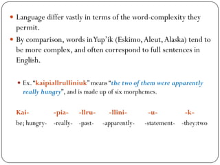  Language differ vastly in terms of the word-complexity they
permit.
 By comparison, words inYup‘ik (Eskimo,Aleut,Alaska) tend to
be more complex, and often correspond to full sentences in
English.
 Ex.―kaipiallrulliniuk‖ means ―the two of them were apparently
really hungry‖, and is made up of six morphemes.
Kai- -pia- -llru- -llini- -u- -k-
be; hungry- -really- -past- -apparently- -statement- -they:two
 