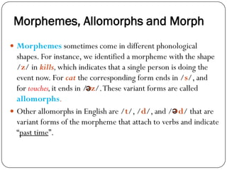 Morphemes, Allomorphs and Morph
 Morphemes sometimes come in different phonological
shapes. For instance, we identified a morpheme with the shape
/z/ in kills,which indicates that a single person is doing the
event now. For cat the corresponding form ends in /s/, and
for touches,it ends in / z/.These variant forms are called
allomorphs.
 Other allomorphs in English are /t/, /d/, and / d/ that are
variant forms of the morpheme that attach to verbs and indicate
―past time‖.
 
