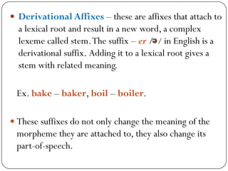  Derivational Affixes – these are affixes that attach to
a lexical root and result in a new word, a complex
lexeme called stem.The suffix – er / / in English is a
derivational suffix. Adding it to a lexical root gives a
stem with related meaning.
Ex. bake – baker, boil – boiler.
 These suffixes do not only change the meaning of the
morpheme they are attached to, they also change its
part-of-speech.
 