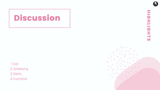 Discussion
HIGHLIGHTS
Ear
Anatomy
Parts
Function
1.
2.
3.
4.
 