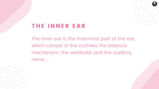 THE INNER EAR
The inner ear is the innermost part of the ear,
which consist of the cochlea, the balance
mechanism, the vestibular and the auditory
nerve. ..
 