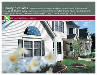 Beauty that lasts. Based on an average-size home, repainting or staining can
cost up to $6,000 every four years. Structure® EPS Insulated Siding never needs painting,
caulking or patching because, unlike wood, it won’t crack, peel, rot or split.

                 NO PAINT. NO STAIN. NO HASSLES.




Structure EPS Insulated Siding Double 4-1/2" Dutch Lap in White
 
