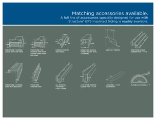 Matching accessories available.
                                                   A full line of accessories specially designed for use with
                                                         Structure® EPS Insulated Siding is readily available.




STRUCTURE 5" CORNER    STRUCTURE 3-1/2"     CORNER STARTER        STRUCTURE SNAP-IN      SNAP-IN 3" CROWN     STRUCTURE INSIDE
LINEAL WITH EPS FOAM   WINDOW AND DOOR      AND LINEAL            CROWN MOUNT WITH                            CORNER POST — 1-1/4"
                       CASING LINEAL WITH                         J-CHANNEL
                       EPS FOAM




STRUCTURE 4" CORNER    STRUCTURE            ALL PURPOSE           2-1/2" WIDE WINDOW     J-CHANNEL — 1-1/4"   FLEXIBLE J-CHANNEL — 1"
POST WITH EPS FOAM     STARTER STRIP        J-CHANNEL —           CASING TRIM — 1-1/4"   (ALUMINUM)
                                            1-1/4" X 1" FACE
 