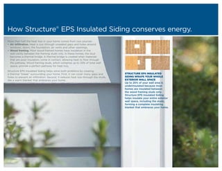 How Structure® EPS Insulated Siding conserves energy.
More than half the heat loss in your home comes from two sources:
+ Air infiltration. Heat is lost through unsealed gaps and holes around
  windows, doors, the foundation, air vents and other openings.
+ Wood framing. Most wood-framed homes have insulation in the
  wall cavity between the framing studs only. In these homes, the stud
  becomes a thermal bridge. A thermal bridge is created when materials
  that are poor insulators come in contact, allowing heat to flow through
  the pathway. Wood framing studs, which comprise up to 25% of total wall
  space, provide a perfect pathway for heat loss.

Structure EPS Insulated Siding helps solve both problems by creating
a thermal “break” surrounding your home. First, it can cover many gaps and           STRUCTURE EPS INSULATED
holes to prevent air infiltration. Second, it reduces heat loss through the studs,   SIDING WRAPS YOUR WHOLE
like a warm blanket that embraces your home.                                         EXTERIOR WALL SPACE
                                                                                     Up to 25% of your wall area is
                                                                                     underinsulated because most
                                                                                     homes are insulated between
                                                                                     the wood framing studs only.
                                                                                     Structure EPS Insulated Siding
                                                                                     helps insulate your entire exterior
                                                                                     wall space, including the studs,
                                                                                     forming a complete insulating
                                                                                     blanket that embraces your home.
 