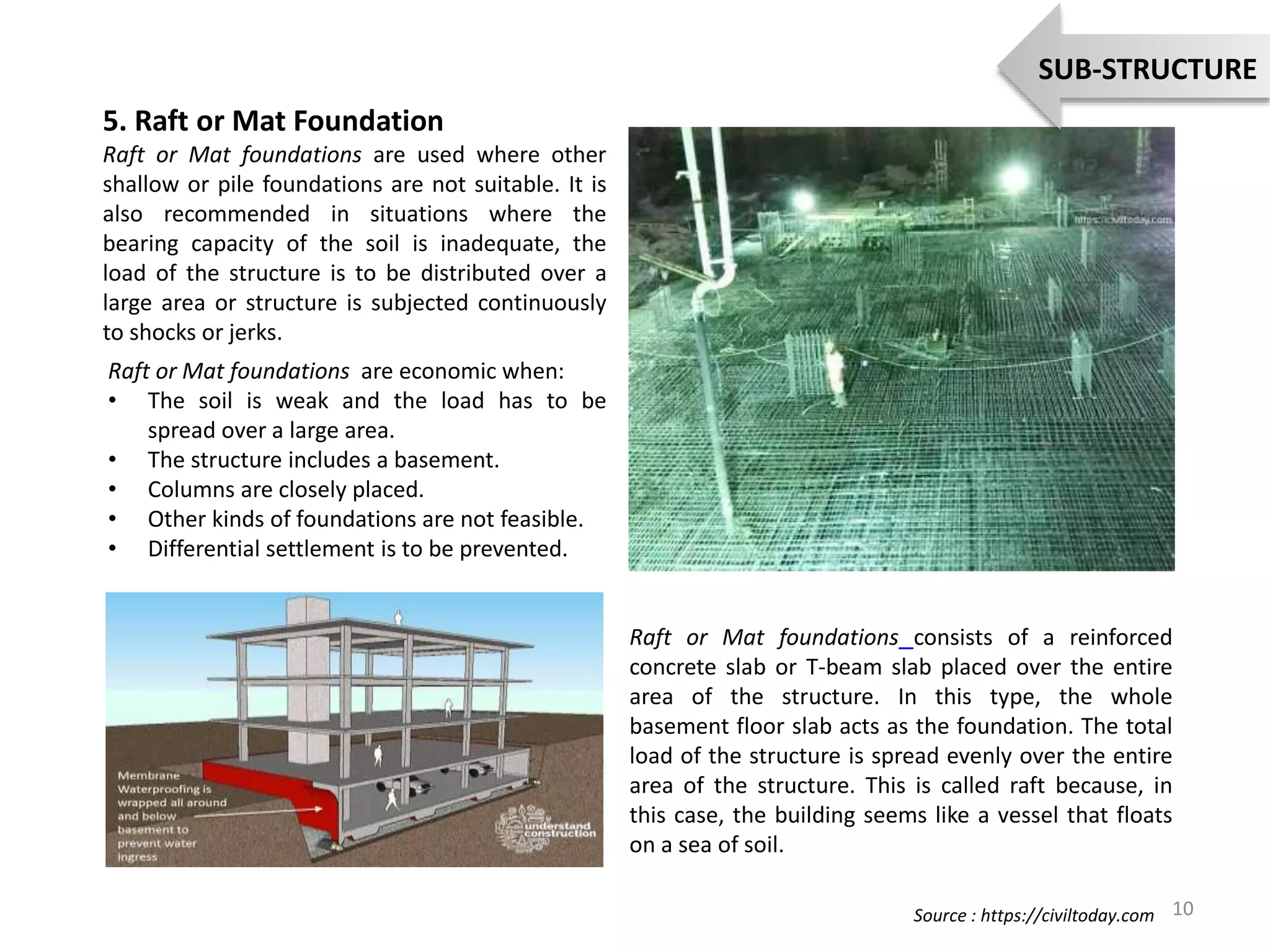 5. Raft or Mat Foundation
Raft or Mat foundations are used where other
shallow or pile foundations are not suitable. It is
also recommended in situations where the
bearing capacity of the soil is inadequate, the
load of the structure is to be distributed over a
large area or structure is subjected continuously
to shocks or jerks.
Raft or Mat foundations are economic when:
• The soil is weak and the load has to be
spread over a large area.
• The structure includes a basement.
• Columns are closely placed.
• Other kinds of foundations are not feasible.
• Differential settlement is to be prevented.
Raft or Mat foundations consists of a reinforced
concrete slab or T-beam slab placed over the entire
area of the structure. In this type, the whole
basement floor slab acts as the foundation. The total
load of the structure is spread evenly over the entire
area of the structure. This is called raft because, in
this case, the building seems like a vessel that floats
on a sea of soil.
10
SUB-STRUCTURE
Source : https://civiltoday.com
 