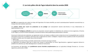 2. Les trois pôles clés de l’agro-industrie dans les années 2030
Les OAD sont programmés pour alerter en temps réel l’agriculteur d’un besoin identifié, puis lancer automatiquement l’opération concernée dans un
timing et dans des conditions optimisées.
Les produits utilisés pour nourrir les productions ou les protéger sont exclusivement naturels (bio-intrants) et issus d’observations et
expérimentations in situ.
Les progrès de l’intelligence artificielle ont permis de comprendre comment exploiter le métabolisme de centaines de micro-organismes, d’insectes
ou de rongeurs, ou encore d’huiles essentielles, en fonction de telle ou telle problématique phytosanitaire à résoudre.
Concernant la destruction des adventices, qui apparaissait comme une impasse au début du siècle compte tenu de son incompatibilité avec la santé de
l’écosystème environnant, le problème a été résolu avec la vulgarisation de robots « intelligents » équipés de buses capables de cibler très précisément
les espèces nuisibles, pour leur projeter deux armes principales :
• Rayons laser
• Eau bouillante enrichie d‘huiles essentielles sélectionnées en fonction de chaque contexte.
La vulgarisation de pratiques telles que la culture sous couvert, la permaculture ou encore l’agro-foresterie a également largement diminué le
problème des adventices qui s’était développé dans le contexte de monoculture.
Les fournisseurs de l’agriculteur sont parallèlement sources d’activités complémentaires pour ces agriculteurs (élevage d’insectes ou de micro-
organismes, partenariats en R&D)
5
OAD
Surveiller et
Programmer RobotsOpérer
• Biostimulants
• Faune auxiliaire
Agir
www.ig-connect.fr/connexions-agricoles/ @isabellegoudcha
 