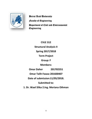 0
Beirut Arab University
Faculty of Engineering
Department of Civil and Environmental
Engineering
CVLE 312
Structural Analysis II
Spring 2017/2018
Term Project
Group: F
Members:
Omar Daher 201702351
Omar Talih Fawaz 201600407
Date of submission:11/05/2018.
Submitted to:
1. Dr. Wael Slika 2.Ing. Meriana Othman
 