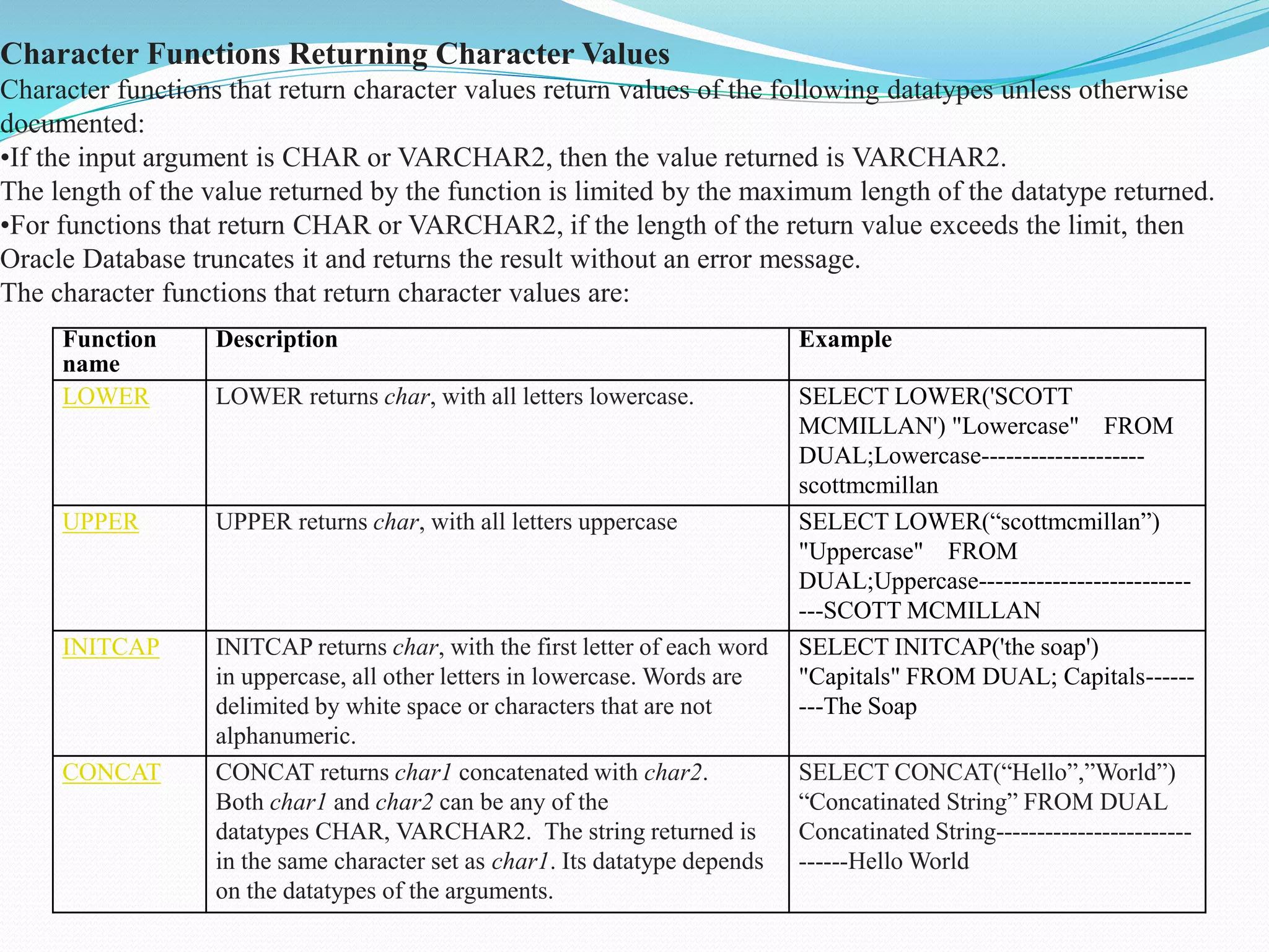 Character Functions Returning Character Values
Character functions that return character values return values of the following datatypes unless otherwise
documented:
•If the input argument is CHAR or VARCHAR2, then the value returned is VARCHAR2.
The length of the value returned by the function is limited by the maximum length of the datatype returned.
•For functions that return CHAR or VARCHAR2, if the length of the return value exceeds the limit, then
Oracle Database truncates it and returns the result without an error message.
The character functions that return character values are:
Function
name
Description Example
LOWER LOWER returns char, with all letters lowercase. SELECT LOWER('SCOTT
MCMILLAN') "Lowercase" FROM
DUAL;Lowercase--------------------
scottmcmillan
UPPER UPPER returns char, with all letters uppercase SELECT LOWER(“scottmcmillan”)
"Uppercase" FROM
DUAL;Uppercase--------------------------
---SCOTT MCMILLAN
INITCAP INITCAP returns char, with the first letter of each word
in uppercase, all other letters in lowercase. Words are
delimited by white space or characters that are not
alphanumeric.
SELECT INITCAP('the soap')
"Capitals" FROM DUAL; Capitals------
---The Soap
CONCAT CONCAT returns char1 concatenated with char2.
Both char1 and char2 can be any of the
datatypes CHAR, VARCHAR2. The string returned is
in the same character set as char1. Its datatype depends
on the datatypes of the arguments.
SELECT CONCAT(“Hello”,”World”)
“Concatinated String” FROM DUAL
Concatinated String------------------------
------Hello World
 