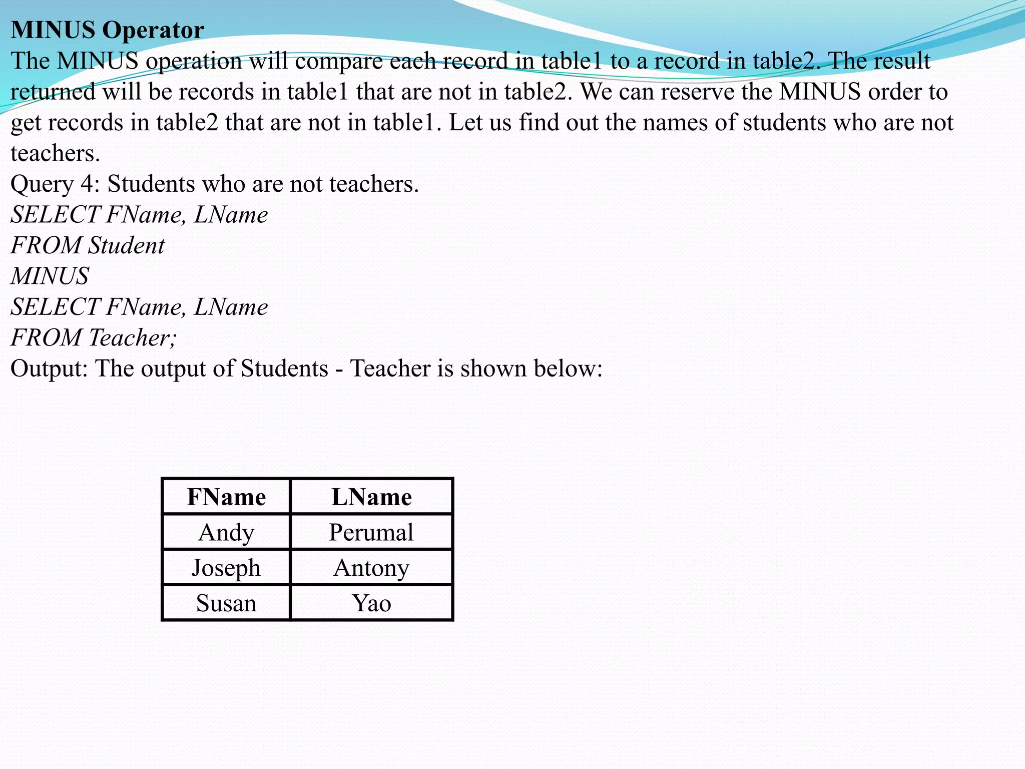 MINUS Operator
The MINUS operation will compare each record in table1 to a record in table2. The result
returned will be records in table1 that are not in table2. We can reserve the MINUS order to
get records in table2 that are not in table1. Let us find out the names of students who are not
teachers.
Query 4: Students who are not teachers.
SELECT FName, LName
FROM Student
MINUS
SELECT FName, LName
FROM Teacher;
Output: The output of Students - Teacher is shown below:
FName LName
Andy Perumal
Joseph Antony
Susan Yao
 