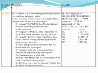 Function
name
Description Example
RTRIM TRIM enables you to trim leading or trailing characters
(or both) from a character string.
If trim_character or trim_source is a character literal,
then you must enclose it in single quotes.
 If you specify LEADING, then Oracle Database
removes any leading characters equal
to trim_character.
 If you specify TRAILING, then Oracle removes
any trailing characters equal to trim_character.
 If you specify BOTH or none of the three, then
Oracle removes leading and trailing characters
equal to trim_character.
 If you do not specify trim_character, then the
default value is a blank space.
 If you specify only trim_source, then Oracle
removes leading and trailing blank spaces.
 The function returns a value with
datatype VARCHAR2. The maximum length of the
value is the length of trim_source.
 If either trim_source or trim_character is null, then
the TRIM function returns null.
SELECT employee_id,
TO_CHAR(TRIM(LEADING 0
FROM hire_date)) FROM
employees WHERE
department_id = 60;
EMPLOYEE_ID TO_CHAR(T
----------- ---------
103 3-JAN-90
104 21-MAY-91
105 25-JUN-97
06 5-FEB-98
107 7-FEB-99
 