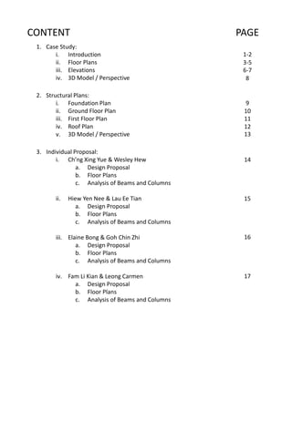 CONTENT
1. Case Study:
i. Introduction
ii. Floor Plans
iii. Elevations
iv. 3D Model / Perspective
2. Structural Plans:
i. ...