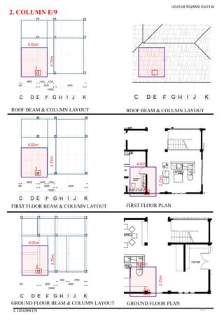 2. COLUMN E/9
2. COLUMN E/9
LOUIS DE ROZARIO 0327136
2
ROOF BEAM & COLUMN LAYOUT
FIRST FLOOR BEAM & COLUMN LAYOUT
GROUND FLOOR BEAM & COLUMN LAYOUT
ROOF BEAM & COLUMN LAYOUT
FIRST FLOOR PLAN
GROUND FLOOR PLAN
2.75m
4.05m
2
2.75m
4.05m
2
2.75m
4.05m
2
2.75m
4.05m
2
2.75m
4.05m
131
 