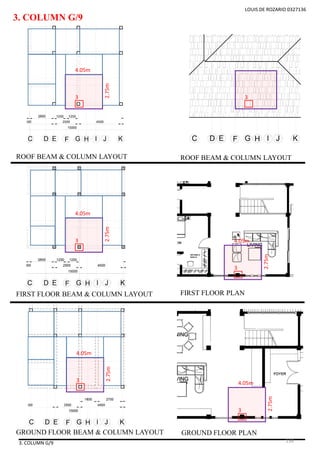 3. COLUMN G/9
3. COLUMN G/9
LOUIS DE ROZARIO 0327136
3
ROOF BEAM & COLUMN LAYOUT
FIRST FLOOR BEAM & COLUMN LAYOUT
GROUND FLOOR BEAM & COLUMN LAYOUT
ROOF BEAM & COLUMN LAYOUT
FIRST FLOOR PLAN
GROUND FLOOR PLAN
2.75m
4.05m
3
3
2.75m
4.05m
3 2.75m
4.05m
3
2.75m
4.05m
3
2.75m
4.05m
136
 