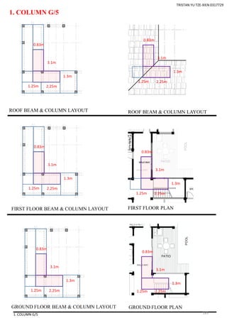 1. COLUMN G/5
1. COLUMN G/5
ROOF BEAM & COLUMN LAYOUT
FIRST FLOOR BEAM & COLUMN LAYOUT
GROUND FLOOR BEAM & COLUMN LAYOUT
ROOF BEAM & COLUMN LAYOUT
FIRST FLOOR PLAN
GROUND FLOOR PLAN
TRISTAN YU TZE-XIEN 0317729
3.1m
0.83m
1.3m
2.25m1.25m
3.1m
0.83m
1.3m
2.25m1.25m
3.1m
0.83m
1.3m
2.25m1.25m
3.1m
0.83m
1.3m
2.25m1.25m
3.1m
0.83m
1.3m
2.25m1.25m
3.1m
0.83m
1.3m
2.25m1.25m
185
 