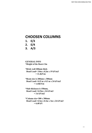 CHOOSEN COLUMNS
1. E/3
2. E/4
3. A/3
ROY YIEK CHIN HIENG 0317726
GENERAL INFO
*Height of the floors=3m
*Brick wall 200mm thick
Dead Load= 3.0m x 0.2m x 19 kN/m3
= 11.4kN/m
*Beam size is 200mm x 300mm
Dead Load= 0.15 m x 0.3 m x 24 kN/m3
= 1.44kN/m
*Slab thickness is 150mm,
Dead Load= 0.15m x 24 kN/m3
= 3.6 kN/m2
*Column size=300 x 300mm
Dead Load= 0.3m x 0.3m x 3m x 24 kN/m3
= 6.48 kN
59
 