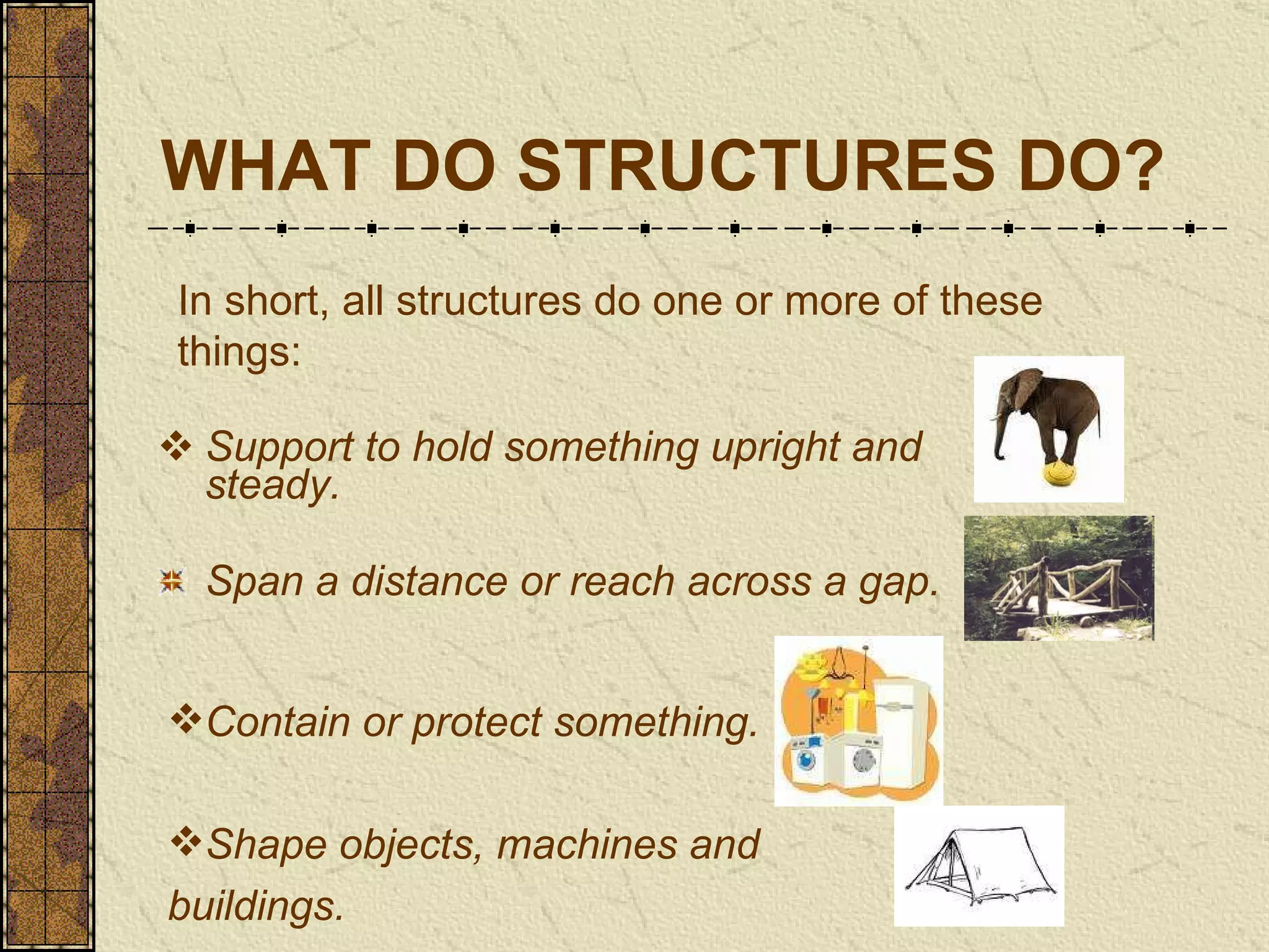 WHAT DO STRUCTURES DO? Support to hold something upright and steady. Span a distance or reach across a gap. In short, all structures do one or more of these things: Contain or protect something. Shape objects, machines and  buildings. 