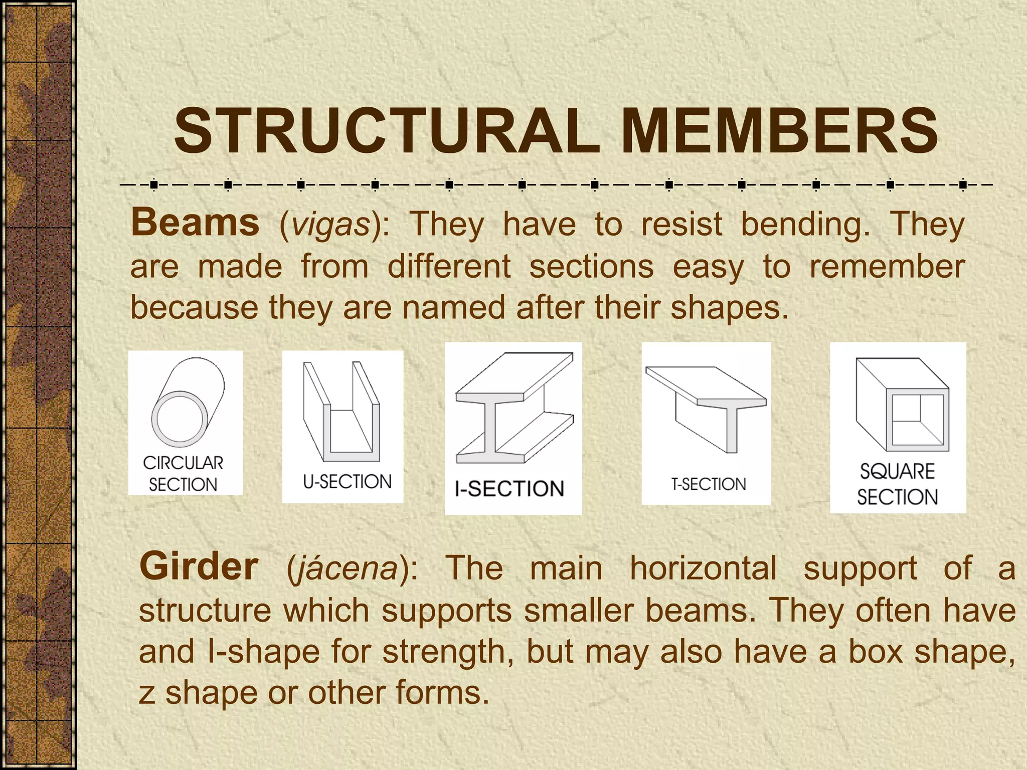STRUCTURAL MEMBERS Beams  ( vigas ): They have to resist bending. They are made from different sections easy to remember because they are named after their shapes. Girder   ( jácena ): T he main horizontal support of a structure which supports smaller beams.  They often have and I-shape for strength, but may also have a box shape, z shape or other forms. 
