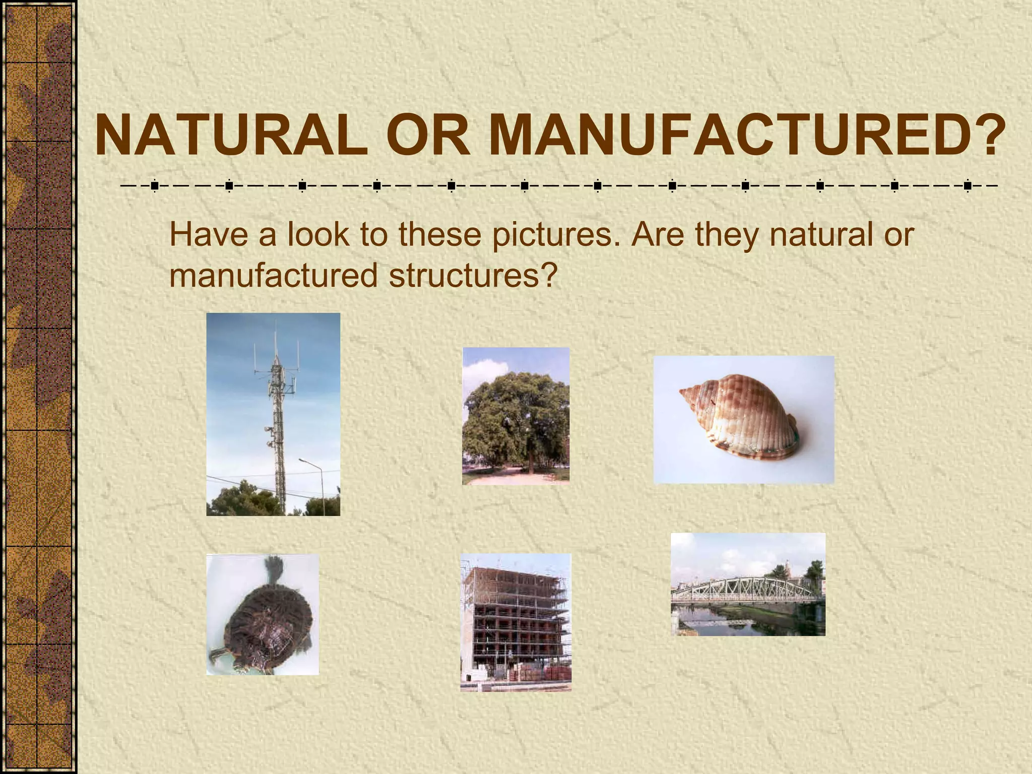 NATURAL OR MANUFACTURED? Have a look to these pictures. Are they natural or manufactured structures? 