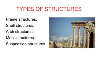 TYPES OF STRUCTURES Frame structures. Shell structures. Arch structures. Mass structures. Suspension structures. 