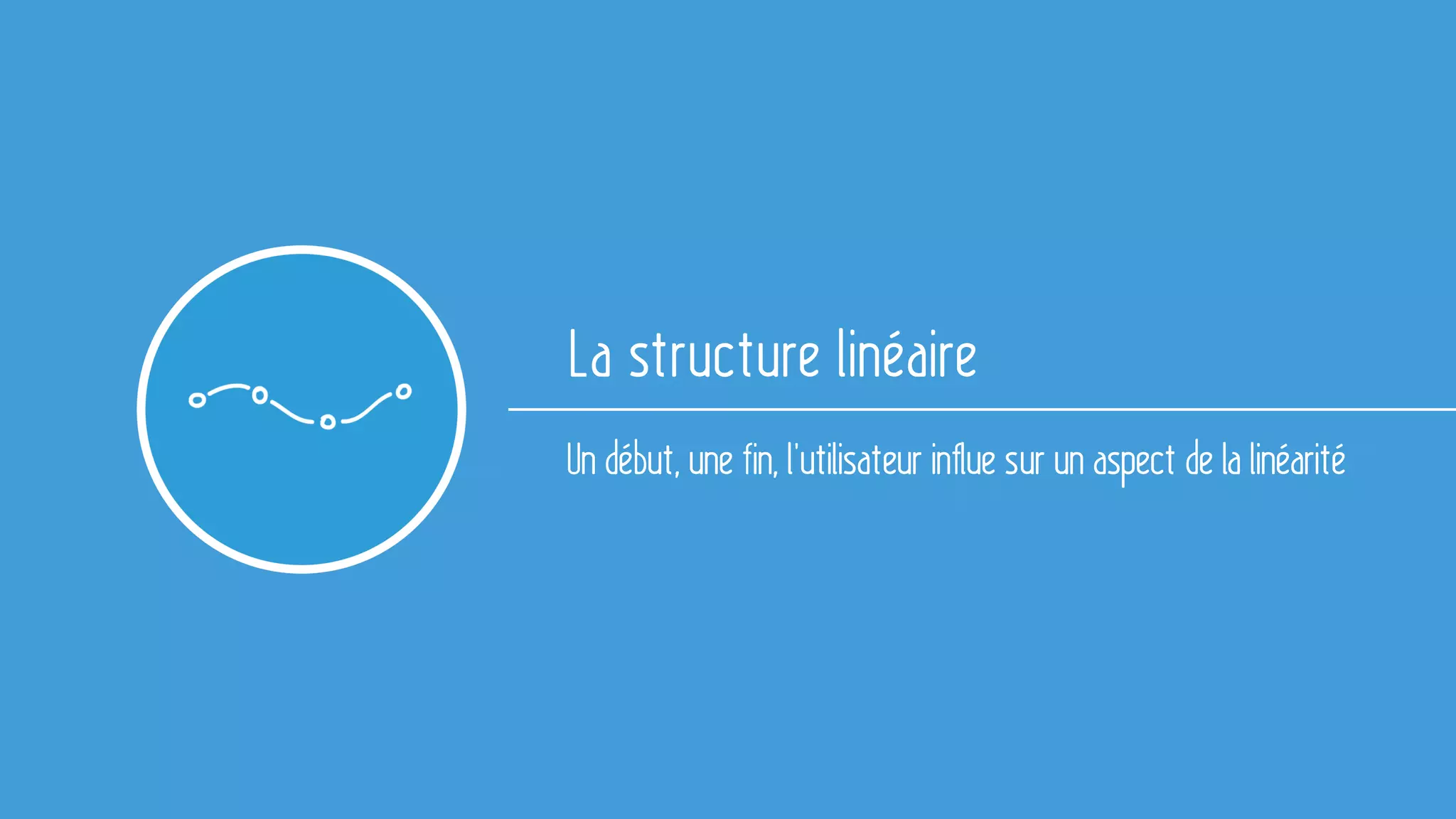 La structure linéaire
Un début, une fin, l’utilisateur influe sur un aspect de la linéarité
 