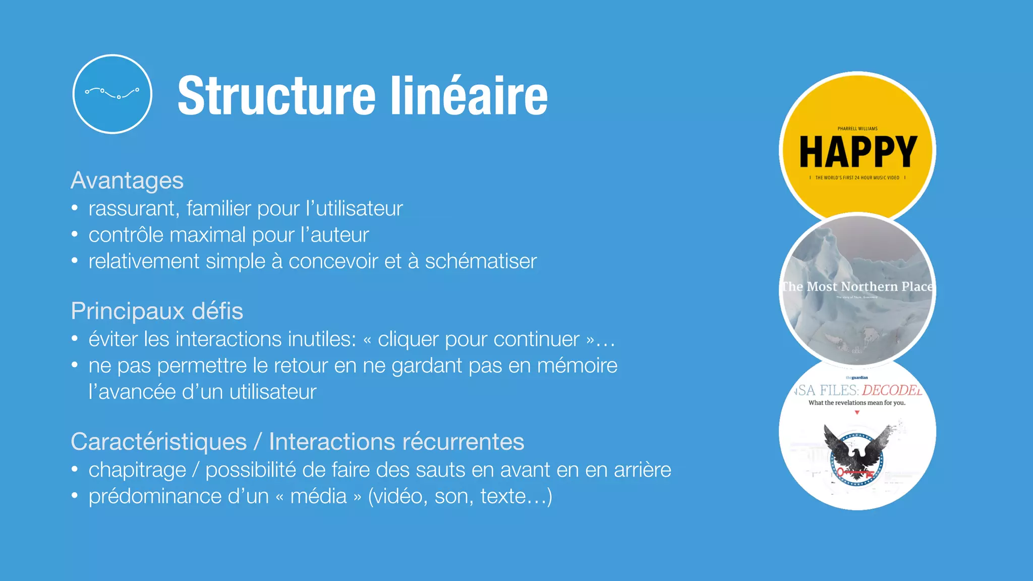 Avantages

• rassurant, familier pour l’utilisateur
• contrôle maximal pour l’auteur
• relativement simple à concevoir et à schématiser
Principaux déﬁs

• éviter les interactions inutiles: « cliquer pour continuer »…
• ne pas permettre le retour en ne gardant pas en mémoire
l’avancée d’un utilisateur
Caractéristiques / Interactions récurrentes

• chapitrage / possibilité de faire des sauts en avant en en arrière
• prédominance d’un « média » (vidéo, son, texte…)
Structure linéaire
 