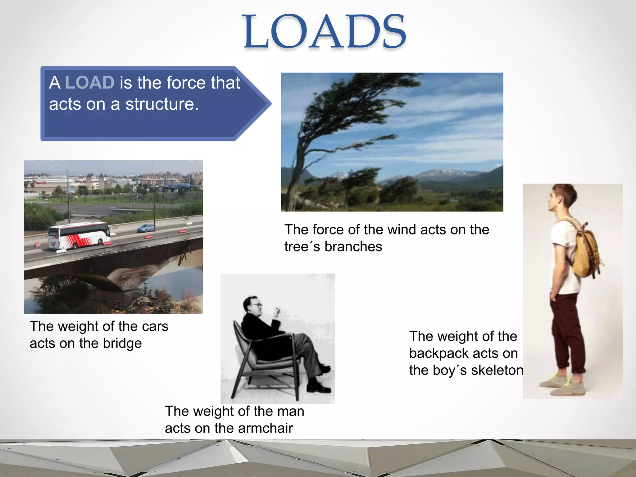 LOADS
A LOAD is the force that
acts on a structure.
The force of the wind acts on the
tree´s branches
The weight of the cars
acts on the bridge
The weight of the man
acts on the armchair
The weight of the
backpack acts on
the boy´s skeleton
 