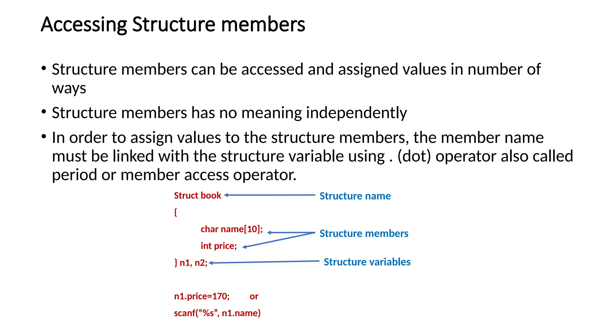 Accessing Structure members
• Structure members can be accessed and assigned values in number of
ways
• Structure members has no meaning independently
• In order to assign values to the structure members, the member name
must be linked with the structure variable using . (dot) operator also called
period or member access operator.
Struct book
{
char name[10];
int price;
} n1, n2;
n1.price=170; or
scanf(“%s”, n1.name)
Structure name
Structure members
Structure variables
 