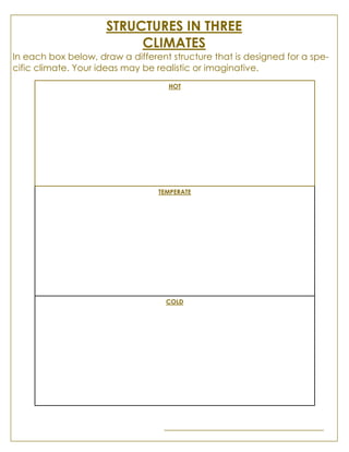 STRUCTURES IN THREE
CLIMATES
In each box below, draw a different structure that is designed for a spe-
cific climate. Your ideas may be realistic or imaginative.
___________________________________
HOT
TEMPERATE
COLD
 