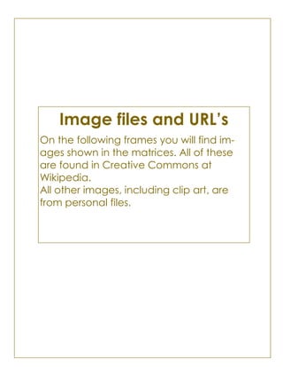 Image files and URL’s
On the following frames you will find im-
ages shown in the matrices. All of these
are found in Creative Commons at
Wikipedia.
All other images, including clip art, are
from personal files.
 