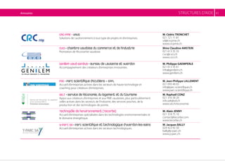 Annuaires                                                                                                           struCtures D’aIDe   45




                                   CRC-PME • VAUD                                                                  M. Cédric TRONCHET
                                   solutions de cautionnement à tout type de projets et d’entreprises.             021 721 11 81
                                                                                                                   vd@crcpme.ch
                                                                                                                   www.crcpme.ch
                                   CVCI • Chambre vaudoise du commerce et de l’industrie                           Mme Claudine AMSTEIN
                                   Promotion de l’économie vaudoise.                                               021 613 35 35
                                                                                                                   cvci@cvci.ch
                                                                                                                   www.cvci.ch

                                   Genilem Vaud-Genève • Bureau de Lausanne et Yverdon                             M. Philippe GAEMPERLE
                                   accompagnement des créateurs d’entreprises innovantes.                          021 613 35 61
                                                                                                                   info@genilem.ch
                                                                                                                   www.genilem.ch

                                   PSE • Parc scientifique d’Ecublens – EPFL                                       M. Jean-Philippe LALLEMENT
                                   accueil d’entreprises actives dans les secteurs de haute technologie et         021 693 46 65
                                   coaching pour créateurs d’entreprises.                                          info@parc-scientifique.ch
                                                                                                                   www.parc-scientifique.ch
                                   SELT • Service de l’économie, du logement et du tourisme                        M. Raphaël CONZ
                                   appui aux créateurs d’entreprises et aux PMe vaudoises, plus particulièrement   021 316 58 20
                                   celles actives dans les secteurs de l’industrie, des services proches, de la    info.selt@vd.ch
                                   production et des technologies de pointe.                                       www.vd.ch/economie

                                   Technopôle de l’environnement (TecOrbe)                                         M. Alain JENNY
                                   accueil d’entreprises spécialisées dans les technologies environnementales et   021 318 75 10
                                   le domaine énergétique.                                                         contact@tecorbe.com
                                                                                                                   www.tecorbe.ch
                                   Y-Parc SA • Parc scientifique et technologique d’Yverdon-les-Bains              M. Jacques BALLY
                                   accueil d’entreprises actives dans les secteurs technologiques.                 024 423 92 50
                                                                                                                   bally@y-parc.ch
                                                                                                                   www.y-parc.ch




2010_12_Ins_210x148_def:Layout 1     28.9.2010        18:11 Uhr         Seite 1
 