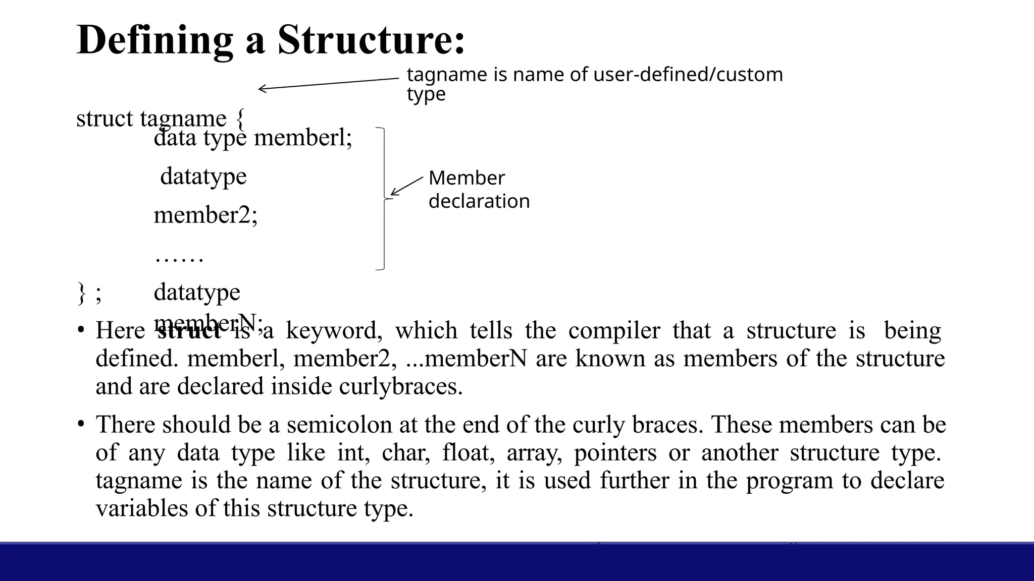 Defining a Structure:
data type memberl;
datatype
member2;
……
datatype
memberN;
} ;
• Here struct is a keyword, which tells the compiler that a structure is being
defined. memberl, member2, ...memberN are known as members of the structure
and are declared inside curlybraces.
• There should be a semicolon at the end of the curly braces. These members can be
of any data type like int, char, float, array, pointers or another structure type.
tagname is the name of the structure, it is used further in the program to declare
variables of this structure type.
tagname is name of user-defined/custom
type
struct tagname {
Member
declaration
 