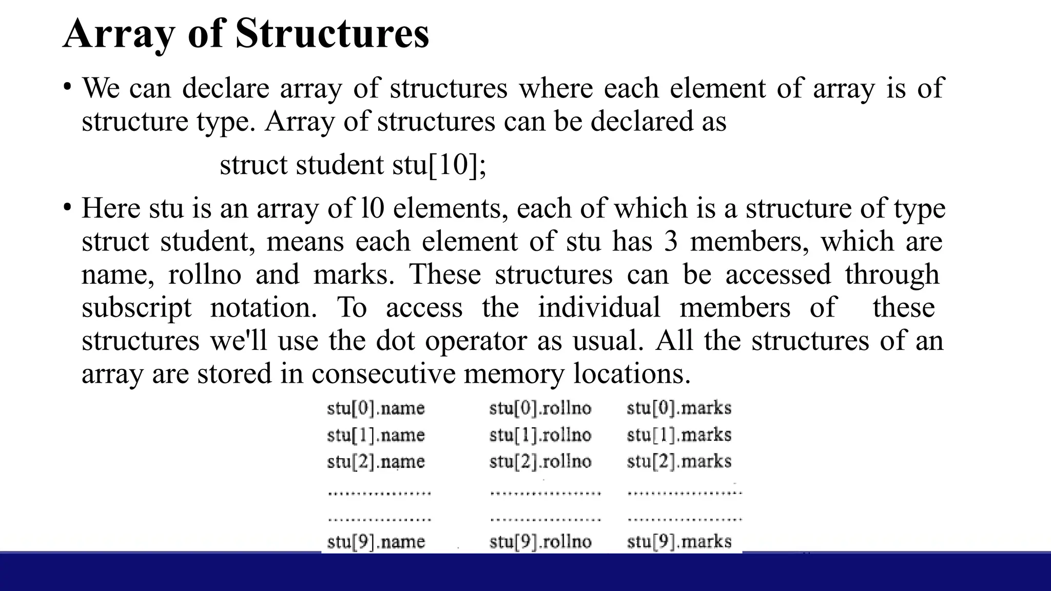 Array of Structures
• We can declare array of structures where each element of array is of
structure type. Array of structures can be declared as
struct student stu[10];
• Here stu is an array of l0 elements, each of which is a structure of type
struct student, means each element of stu has 3 members, which are
name, rollno and marks. These structures can be accessed through
subscript notation. To access the individual members of these
structures we'll use the dot operator as usual. All the structures of an
array are stored in consecutive memory locations.
 