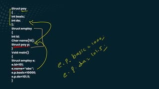 Struct pay
{
Int basic;
Int da;
};
Struct employ
{
Int id;
Char name[10];
Struct pay p;
}
Void main()
{
Struct employ e;
e.id=101;
e.name=“abc”;
e.p.basic=10000;
e.p.da=101.5;
}
1-
g
-
-
g D
asic
C -
Po
zai
-
p
-
2
:
 