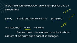 There is a difference between an ordinary pointer and an
array-name.
ptr++; is valid and is equivalent to ptr=ptr+1;
The statement ar++; is invalid,
Because array-name always contains the base
address of the array, and it cannot be changed.
z
D
3
&
z
D
z
&
- -
y
a
-
 
