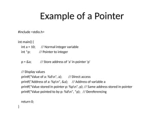 Example of a Pointer
#include <stdio.h>
int main() {
int a = 10; // Normal integer variable
int *p; // Pointer to integer
p = &a; // Store address of 'a' in pointer 'p'
// Display values
printf("Value of a: %dn", a); // Direct access
printf("Address of a: %pn", &a); // Address of variable a
printf("Value stored in pointer p: %pn", p); // Same address stored in pointer
printf("Value pointed to by p: %dn", *p); // Dereferencing
return 0;
}
 