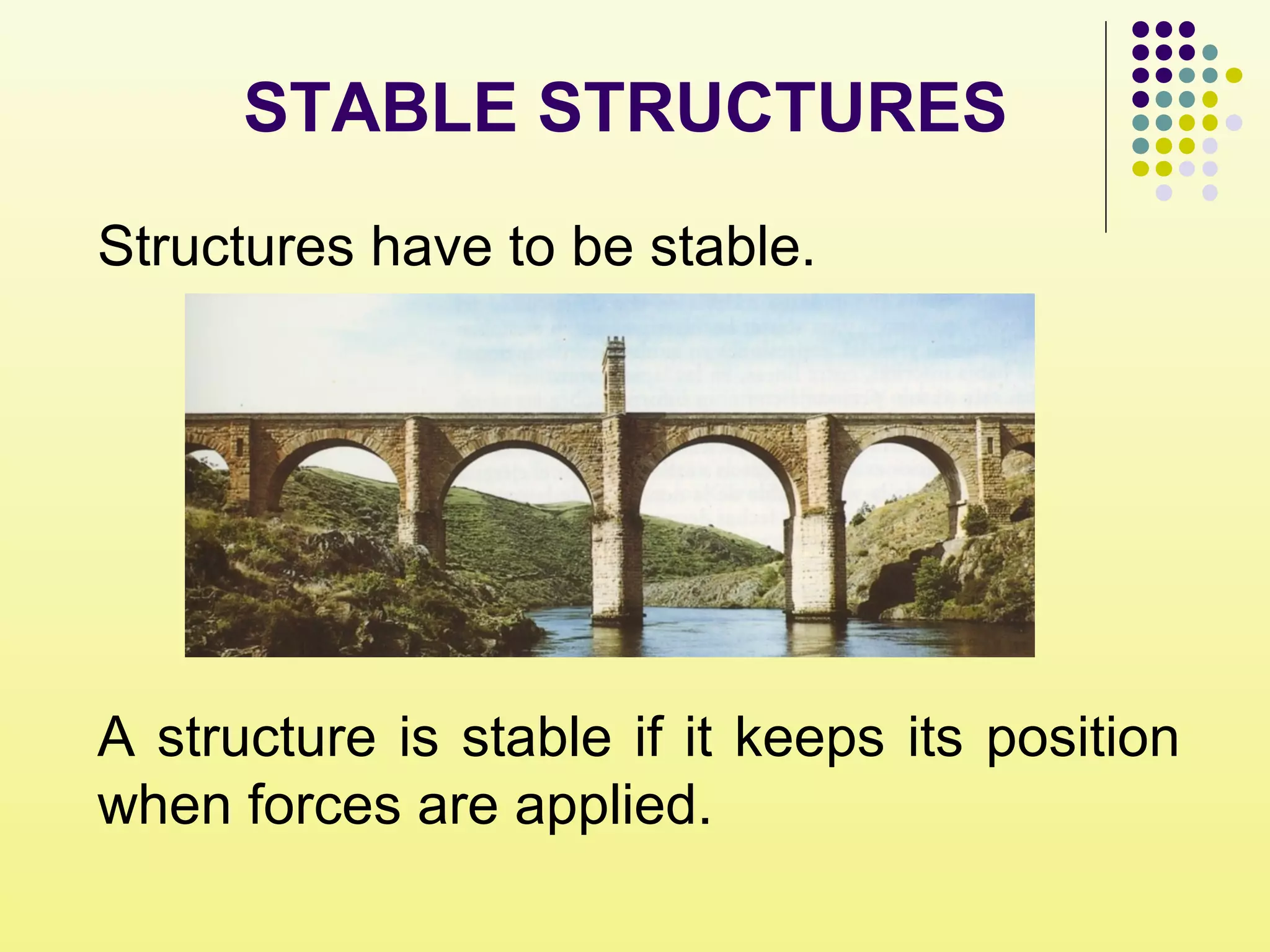 STABLE STRUCTURES
Structures have to be stable.
A structure is stable if it keeps its position
when forces are applied.
 