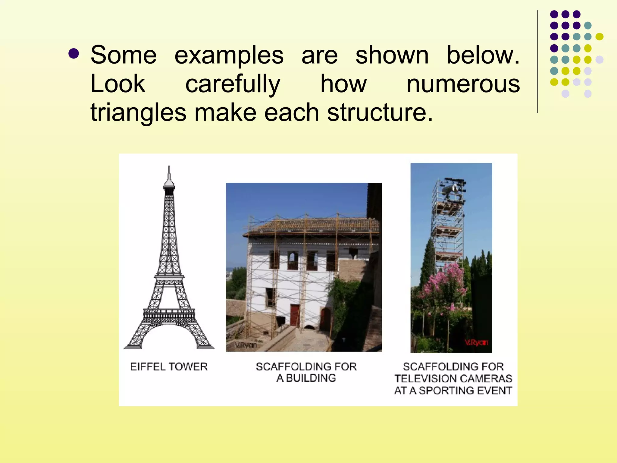  Some examples are shown below.
Look carefully how numerous
triangles make each structure.
 