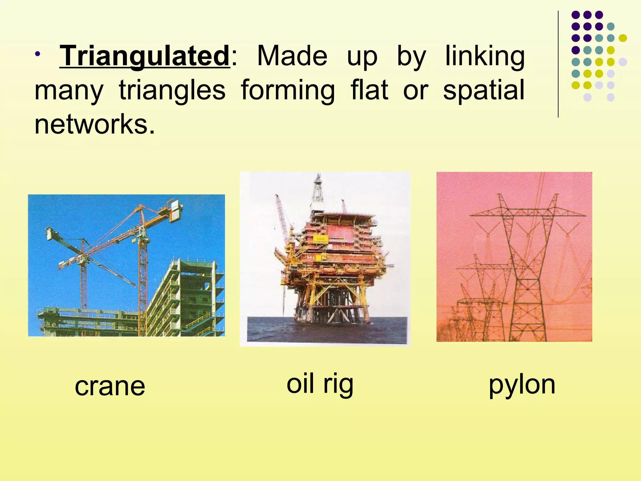 • Triangulated: Made up by linking
many triangles forming flat or spatial
networks.
crane oil rig pylon
 