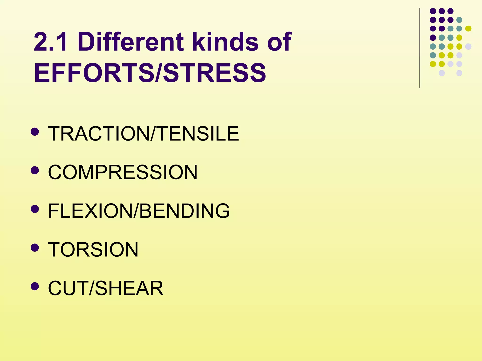 2.1 Different kinds of
EFFORTS/STRESS
 TRACTION/TENSILE
 COMPRESSION
 FLEXION/BENDING
 TORSION
 CUT/SHEAR
 