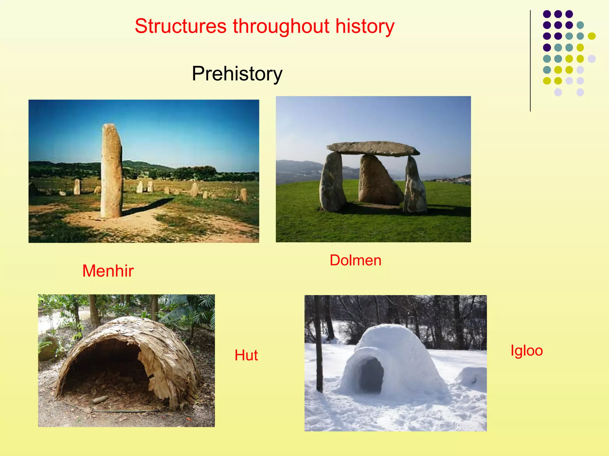 Prehistory
Menhir
Dolmen
Hut Igloo
Structures throughout history
 