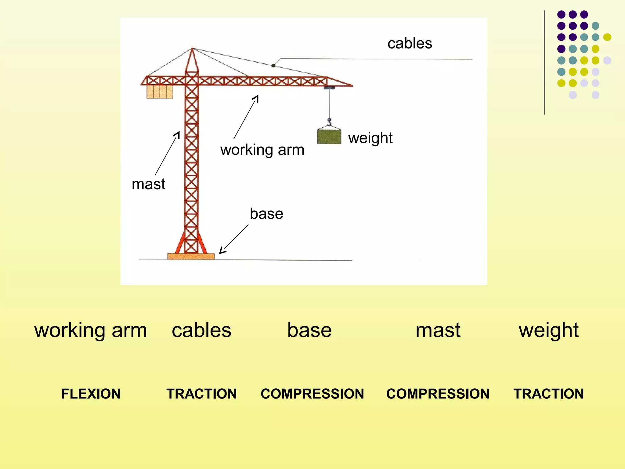 working arm
cables
base
weight
mast
working arm cables base mast weight
FLEXION TRACTION COMPRESSION COMPRESSION TRACTION
 