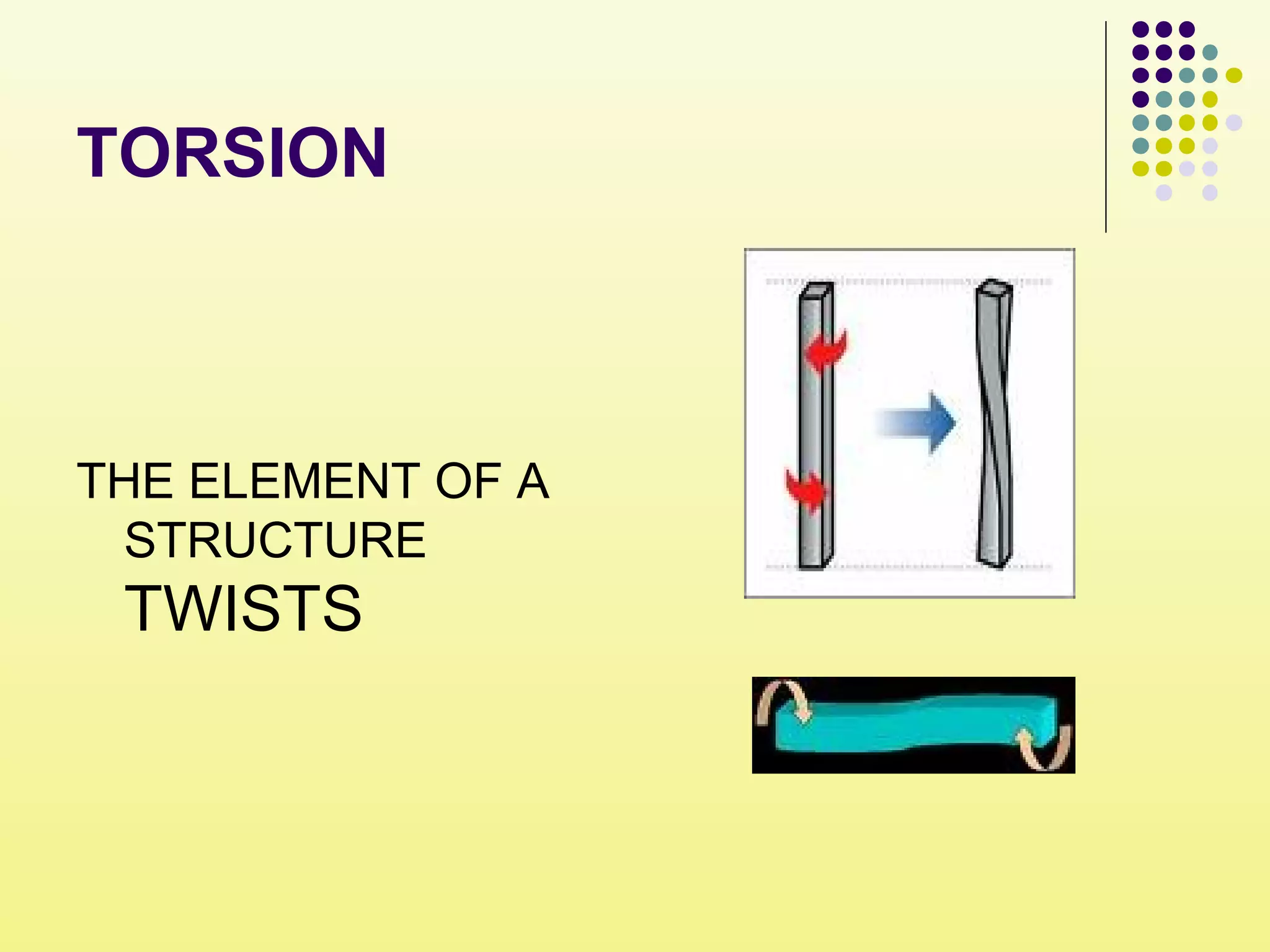 TORSION
THE ELEMENT OF A
STRUCTURE
TWISTS
 