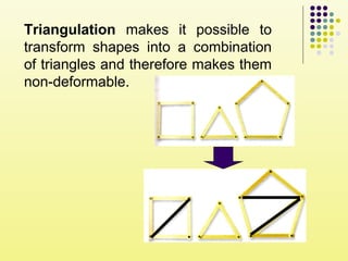 Triangulation makes it possible to
transform shapes into a combination
of triangles and therefore makes them
non-deformable.
 