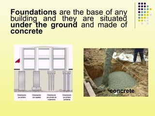 Foundations are the base of any
building and they are situated
under the ground and made of
concrete
concrete
 