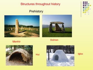 Prehistory
Menhir
Dolmen
Hut Igloo
Structures throughout history
 