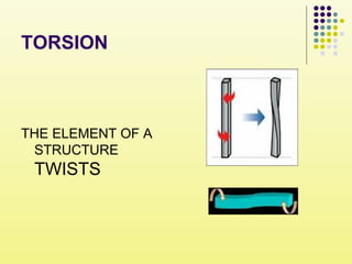 TORSION
THE ELEMENT OF A
STRUCTURE
TWISTS
 
