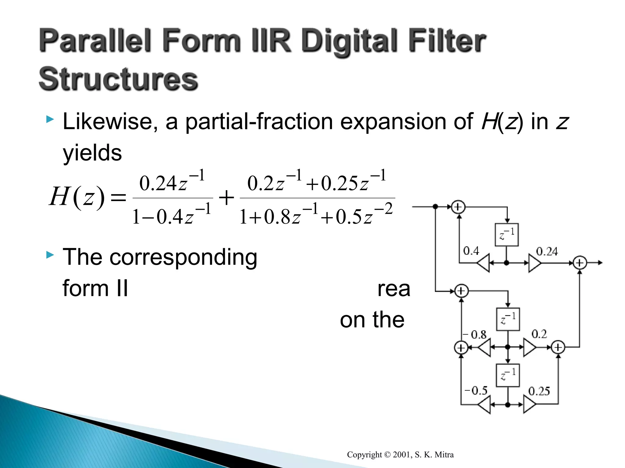  Likewise, a partial-fraction expansion of H(z) in z
yields
 The corresponding parallel
form II realization is shown
on the right
Copyright © 2001, S. K. Mitra
21
11
1
1
50801
25020
401
240
−−
−−
−
−
++
+
−
+=
zz
zz
z
z
zH
..
..
.
.
)(
 
